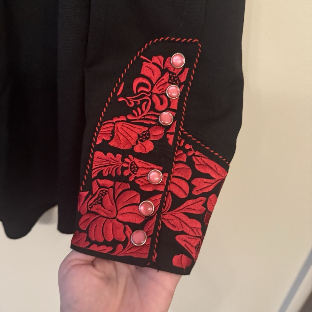 Scully Gunfighter Western Snap Front Shirt Men's L Black/ Red Floral Embroidery - Picture 5 of 12